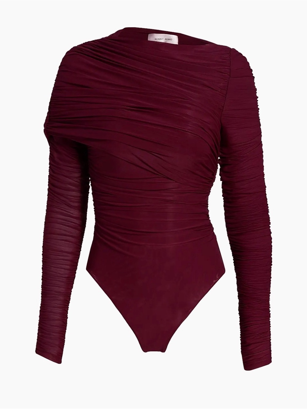 Ronny Kobo Collection Burgundy Ruched Long-Sleeve Zarina Bodysuit